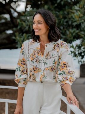 MAYE Paloma Shirt Lilah Floral Cotton Blouse Lace Trim Button Front Size M